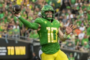 Oregon, led by quarterback Bo Nix (above), will try to defend its home field on Saturday against coach Deion Sanders and the Colorado Buffaloes. (Photo courtesy of OREGONLIVE.COM)