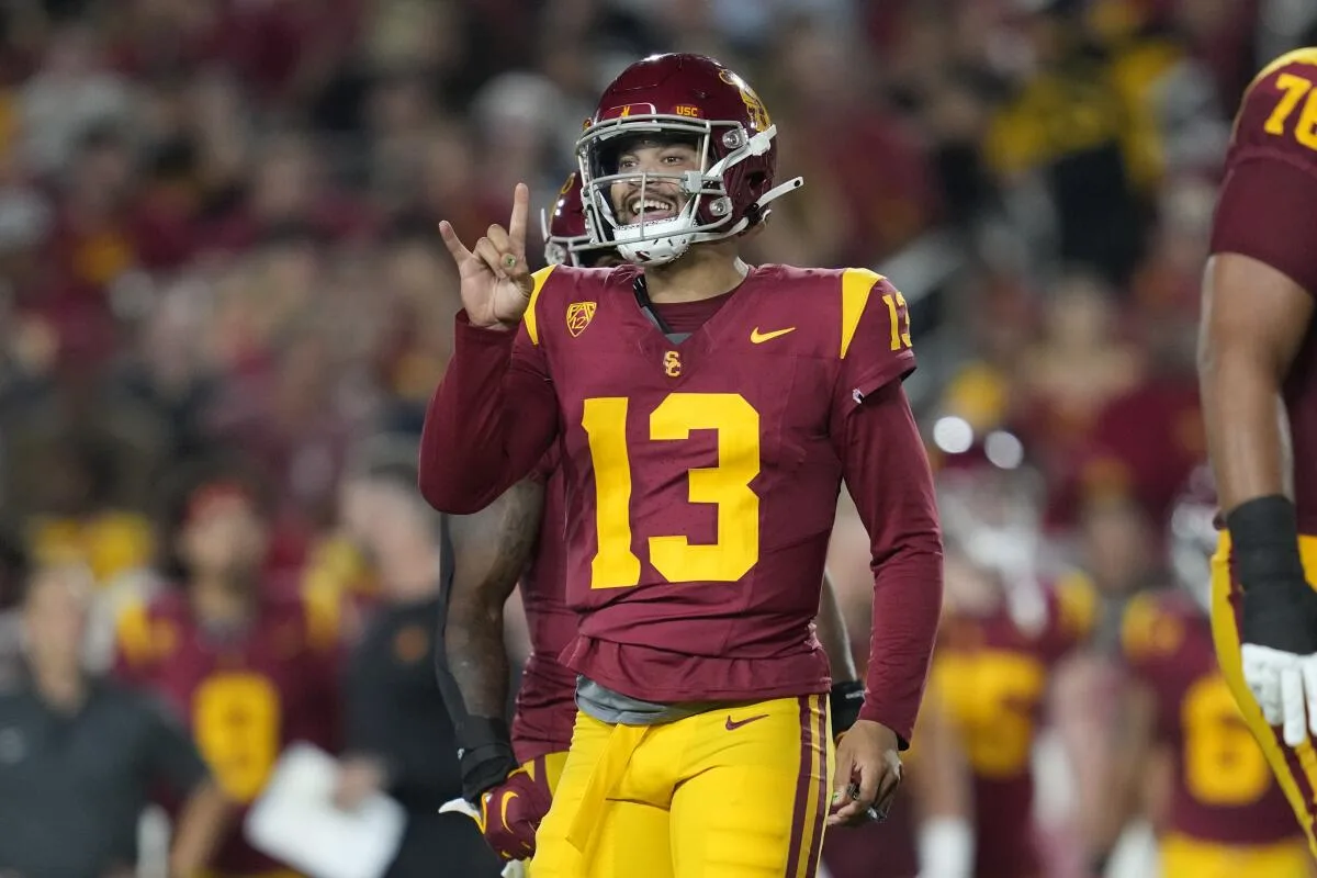 Southern Cal quarterback Caleb Williams (above), the defending Heisman Trophy-winner, takes his band of Trojans on the road Saturday night to face Arizona State, who could be playing with their fourth-string quarterback. (Photo courtesy of the SAN DIEGO TRIBUNE)