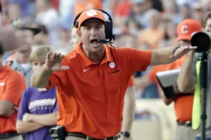 Could Clemson coach Dabo Swinney (above) soon be coaching the Tigers in the Big 10, or the Southeastern Conference? Reports say the university's leadership is considering a move from the ACC. (Photo courtesy of AL.COM)