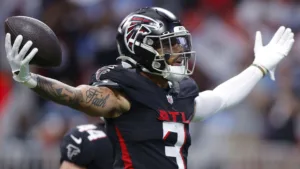 Atlanta defensive back Jessie Bates (above) forced three turnovers in the Falcons’ 24-10 win over the Carolina Panthers on Sunday at Mercedes-Benz Stadium in Atlanta. (Photo courtesy of TODD KIRKLAND – GETTY IMAGES)