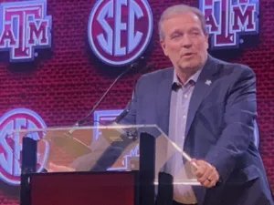 Jimbo Fisher (above) talks about his Texas A&M team at SEC Media Days in Nashville in July. Fisher and the Aggies will welcome Timpson, Texas quarterback Terry Bussey, the number 25-ranked player in the ESPN 300, to their team next fall. That gives A&M 10 of the ESPN 300 recruits as commitments. (Photo by MITCH LUCAS)