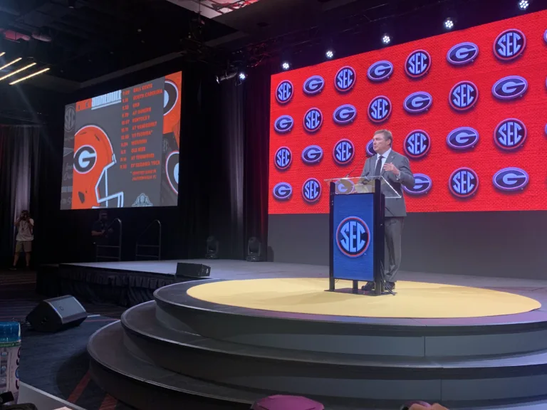 Georgia coach Kirby Smart addresses the media at SEC Media Days in Nashville on July 18. No. 1 Georgia hosts Ball State today. (Photo by MITCH LUCAS)