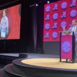 Alabama football coach Nick Saban addresses reporters and an assortment of others at SEC Media Days in July in Nashville. Saban and the Crimson Tide host Ole Miss on Saturday at 2:30 p.m. on CBS. (Photo by MITCH LUCAS)