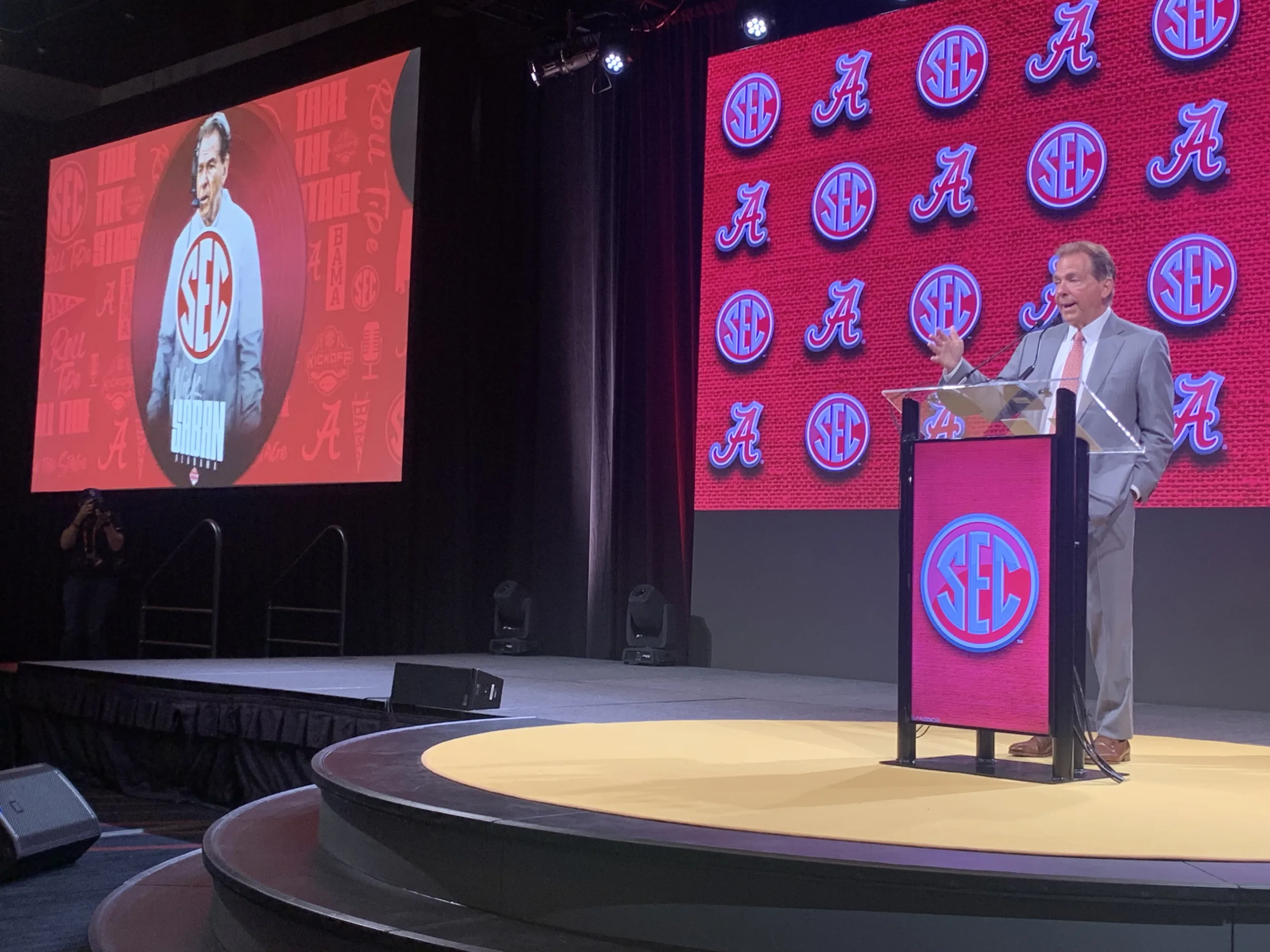 Alabama football coach Nick Saban addresses reporters and an assortment of others at SEC Media Days in July in Nashville. Saban and the Crimson Tide host Ole Miss on Saturday at 2:30 p.m. on CBS. (Photo by MITCH LUCAS)