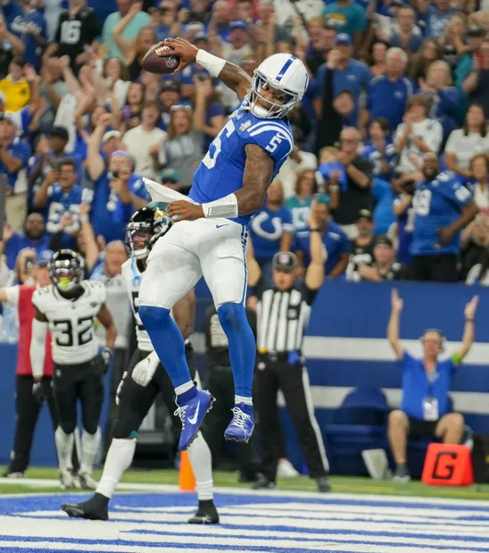 Indianapolis Colts rookie quarterback Anthony Richardson reacts after scoring his first career NFL touchdown on Sunday against the Jacksonville Jaguars. The Jaguars left Lucas Oil Stadium with a 31-21 win, however. (Photo courtesy of JENNA WATSON – THE INDIANAPOLIS STAR)