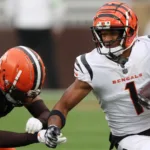 Cincinnati receiver Ja'Marr Chase (right) had only five catches for 39 yards in a 24-3 loss at Cleveland last week. Chase and the Bengals host Baltimore this Sunday. (Photo courtesy of VNEXPLORER.NET)