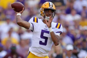 LSU, led by quarterback Jayden Daniels (above), puts their No. 14 ranking on the line Saturday in Oxford, Miss., against the Ole Miss Rebels. (Photo by JONATHAN BACHMAN / courtesy of GETTY IMAGES)
