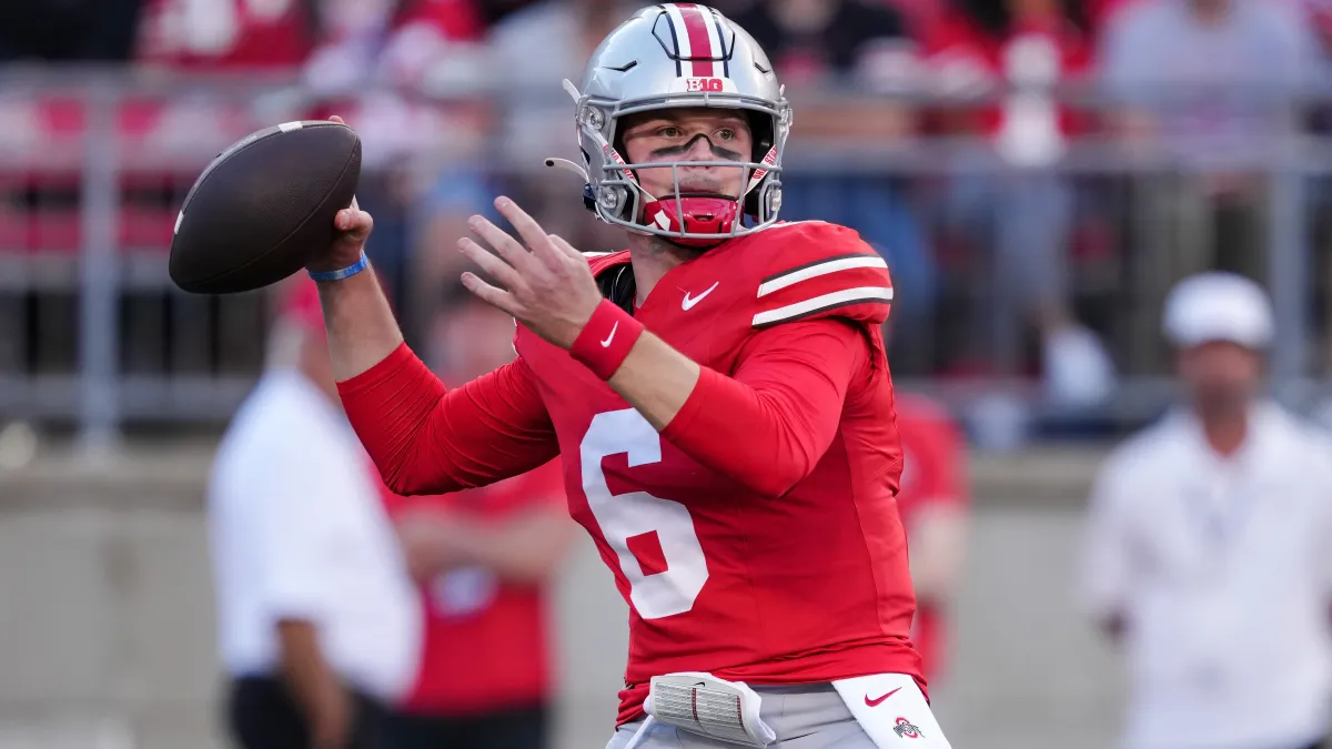 Ohio State quarterback Kyle McCord (above) leads the Buckeyes into South Bend, Indiana Saturday night to face Notre Dame, live on NBC. (Photo courtesy of NBCSPORTSCHICAGO.COM)