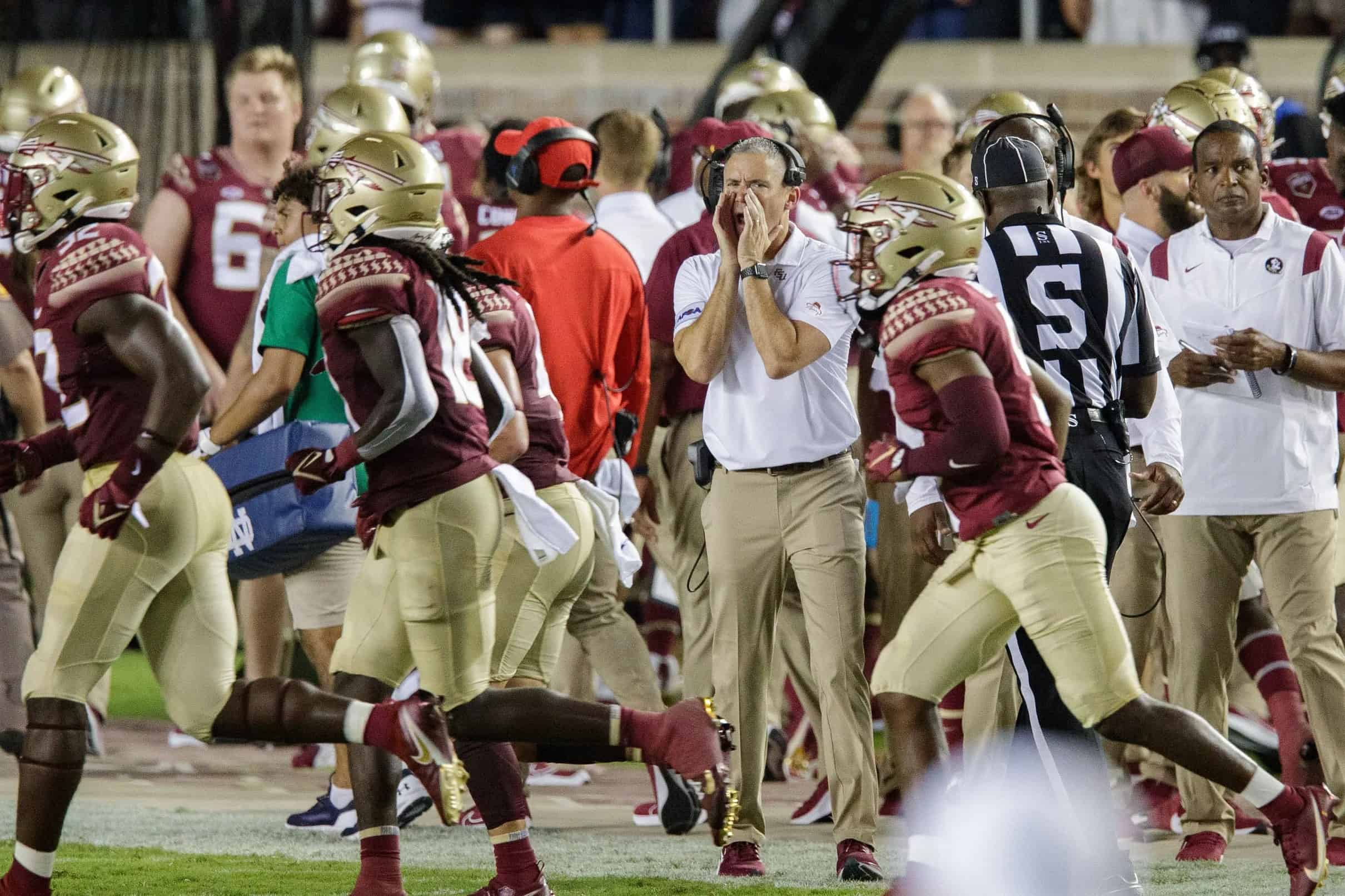 Florida State's last national championship came a decade ago. Coach Mike Norvell (above) leads the eighth-ranked Seminoles against No. 5 LSU tonight at 6:30 p.m. on ABC. (Photo courtesy of CHATSPORTS.COM)