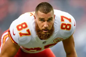 Kansas City Chiefs tight end Travis Kelce (above) was injured Tuesday in practice. Tests after practice indicate no ligament damage, the Associated Press is reporting. (Photo courtesy of THE-SUN.COM)