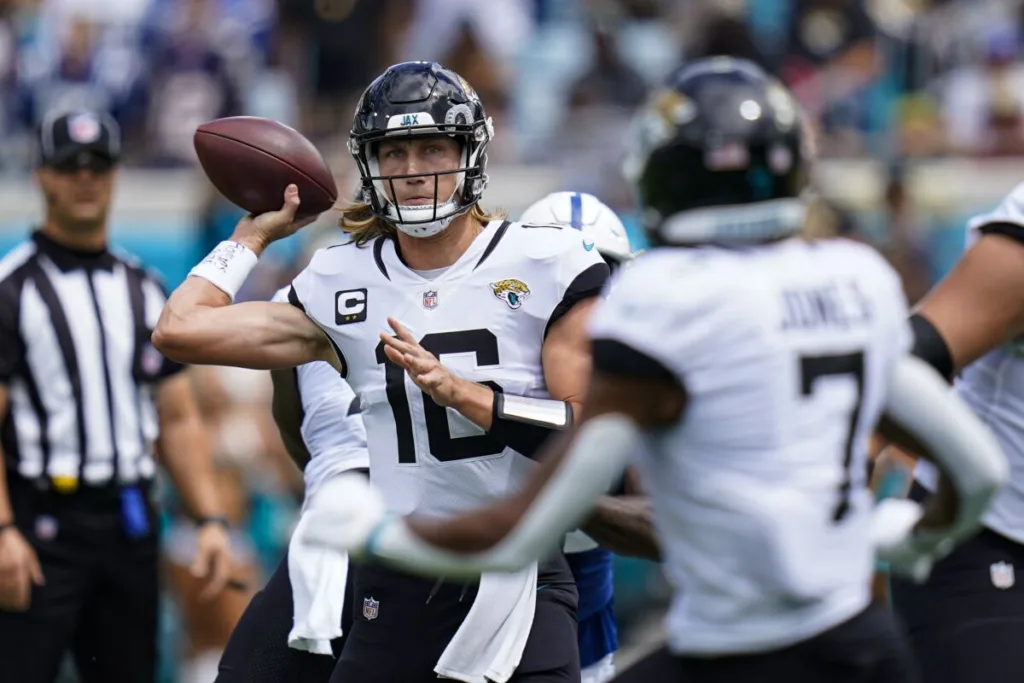 Jacksonville quarterback Trevor Lawrence (above) and the Jaguars will host the Kansas City Chiefs today at noon on CBS (Photo courtesy of THE SAN DIEGO TRIBUE)
