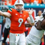 Miami quarterback Tyler Van Dyke (9) threw five touchdown passes in a 48-33 win over Texas A&M on Saturday afternoon. (Photo courtesy of MIAMIHERALD.COM)