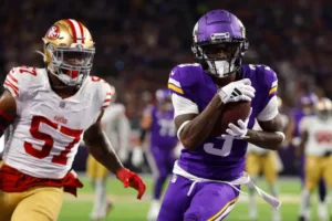 Minnesota wide receiver Jordan Addison (right) had seven catches for 123 yards and two touchdowns in the Vikings' 22-17 home win over San Francisco Monday night. It was the 49ers' second straight loss after starting the season 5-0. (Photo by BRUCE KLUCKHORN / Courtesy the ASSOCIATED PRESS)