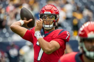 C.J. Stroud, rookie quarterback of the Houston Texans (above), will face the New Orleans Saints at home today. (Photo by JACK GORMAN, courtesy of the HOUSTON PRESS)