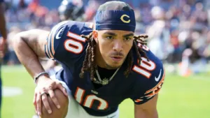 Chicago Bears wide receiver Chase Claypool (above) won't play vs. Washington on Thursday, and won't be at Halas Hall for the time being. (Photo courtesy of BROBIBLE.COM)