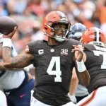 Cleveland Browns quarterback DeShaun Watson (above) will miss a second straight game due to a shoulder injury. Cleveland (2-2) hosts San Francisco (5-0) on Sunday. (Photo courtesy of THESPUN.COM)