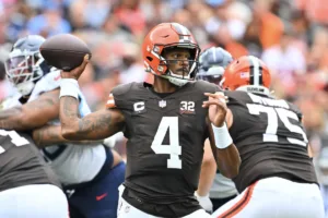 Cleveland Browns quarterback DeShaun Watson (above) will miss a second straight game due to a shoulder injury. Cleveland (2-2) hosts San Francisco (5-0) on Sunday. (Photo courtesy of THESPUN.COM)