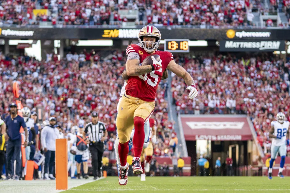 San Francisco tight end George Kittle (above) had three catches, all touchdowns, against the Dallas Cowboys in the 49ers' 42-10 win Sunday night. San Francisco and Philadelphia are both 5-0, the NFL's last two unbeaten teams this season. (Photo courtesy of SPORTS.YAHOO.COM)