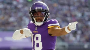 Minnesota wide receiver Justin Jefferson was injured against Kansas City on Sunday, an apparent hamstring injury. Jefferson's status for the Vikings' road game at Chicago on Sunday is uncertain, as is the status for Cleveland quarterback Deshaun Watson in the Browns' home game against the San Francisco 49ers. Watson is dealing with a shoulder injury. (Photo courtesy of SPORTINGNEWS.COM)