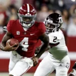 Alabama quarterback Jalen Milroe (4) is pictured here against Texas A&M in October, 2022, a game Alabama won, but in a dogfight. The teams meet again Saturday in College Station, a 2:30 p.m. kickoff. (Photo courtesy of USATODAY.COM)