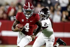 Alabama quarterback Jalen Milroe (4) is pictured here against Texas A&M in October, 2022, a game Alabama won, but in a dogfight. The teams meet again Saturday in College Station, a 2:30 p.m. kickoff. (Photo courtesy of USATODAY.COM)