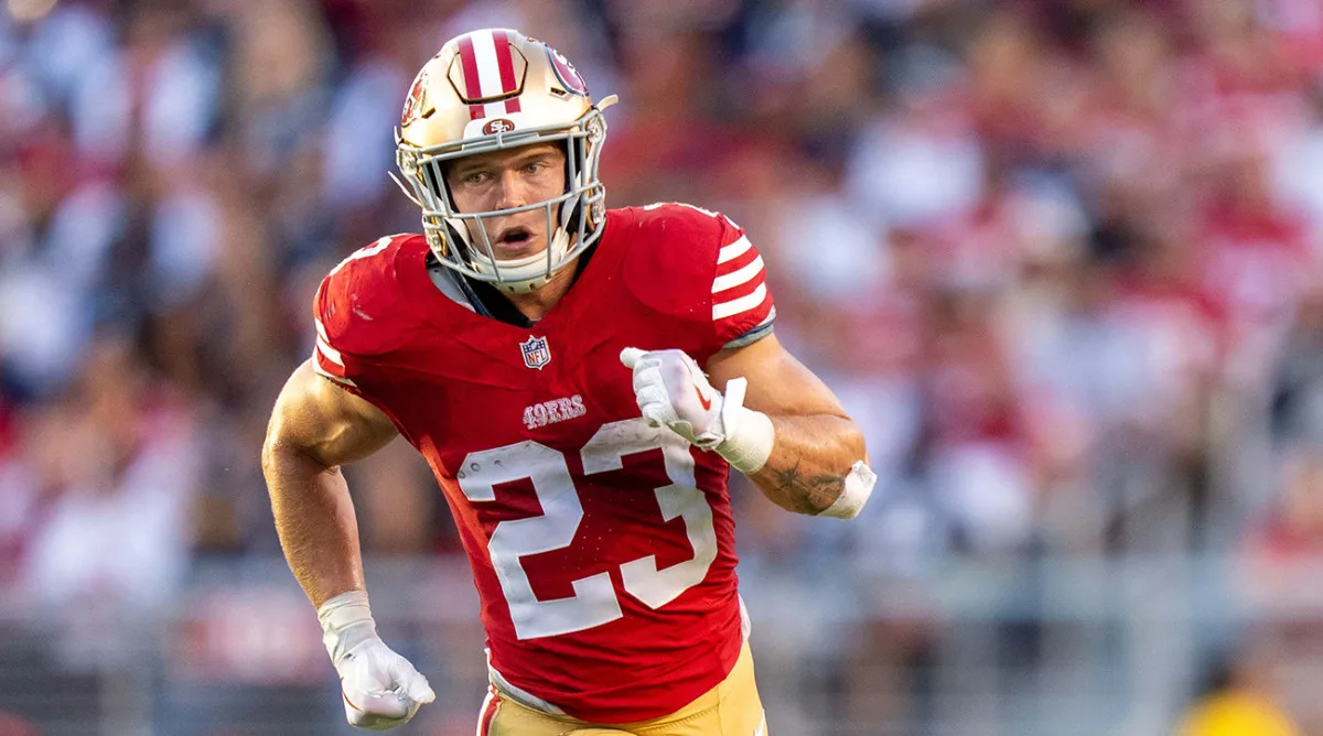 The San Francisco 49ers may have running back Christian McCaffrey (above) for their "Monday Night Football" game at Minnesota, but his status, and that of left tackle Trent Williams, is uncertain, and wide receiver Deebo Samuel is out of the game with a shoulder injury. (Photo courtesy of WILLIAMSNEWS.COM)