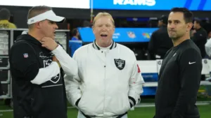 From left: former Las Vegas Raiders coach Josh McDaniels, owner Mark Davis and Dave Ziegler, now the former general manager of the team. The Raiders dismissed McDaniels and Ziegler on Tuesday, the team said in a statement. (Photo courtesy of WNEWS247.COM)