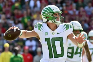 Oregon quarterback Bo Nix has thrown for 3,539 yards, 35 touchdowns and just two (2!) interceptions this season. If the Ducks are able to beat Oregon State this Friday, Oregon will have a rematch with Washington, Oregon's only loss this season, in the Pac-12 Championship Game. (Photo courtesy of SATURDAYOUTWEST.COM)