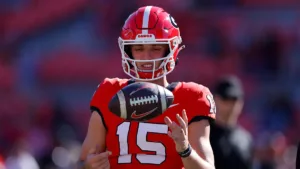 Georgia quarterback Carson Beck (above) and the No. 2-ranked Bulldogs host No. 9 Ole Miss tonight at 6 p.m. Central time on ESPN. (Photo courtesy of GETTY IMAGES)