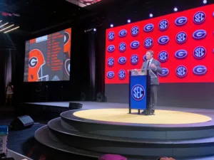 Georgia coach Kirby Smart (above) addresses the media and those present during SEC Media Days in Nashville. Smart's Bulldogs are the number one team in this week's College Football Playoff rankings, revealed Tuesday night on ESPN. (Photo by MITCH LUCAS - thefootballbeat.com)