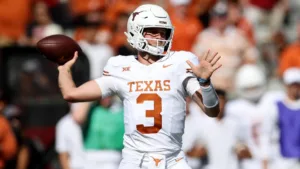 University of Texas quarterback Quinn Ewers (above) will be back in the lineup Saturday at TCU after suffering a sprained shoulder Oct. 21 at Houston. (Photo courtesy of CBS SPORTS)