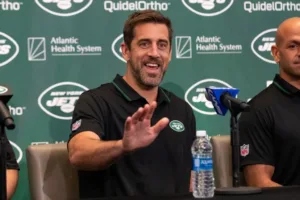 New York Jets quarterback Aaron Rodgers (above) is jogging 10 weeks after surgery to repair a torn Achilles. The Jets have seven games remaining in the regular season; he obviously won't be back anytime soon, but Rodgers had implied he'd love to be practicing by his 40th birthday on Dec 2. (Photo courtesy of BEFOREITSNEWS.COM)