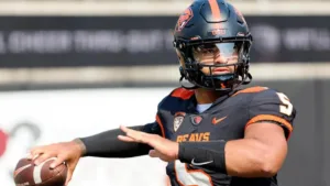 Oregon State quarterback D.J. Uiagalelei (above) and the Beavers have a shot to upset No. 5 Washington Saturday night in Corvallis. (Photo courtesy of CBS SPORTS)