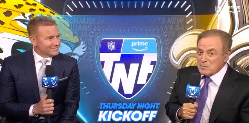 Longtime NFL play-by-play announcer Al Michaels, shown here with Kirk Herbstreit on Amazon Prime's "Thursday Night Football," may be left off of NBC's NFL playoff coverage. (Photo courtesy of AWFULANNOUNCING.COM)