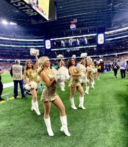 The Missouri Golden Girls dance team performing in the first half. No. 7 Ohio State leads on the field at the 88th Goodyear Cotton Bowl Classic at AT&T Stadium in Arlington, Texas, though, 3-0. For more on the Golden Girls, check out this link: https://mutigers.com/sports/2015/7/29/GG_tradition?path=spirit. (Photo by JENNA HAGLER LUCAS)
