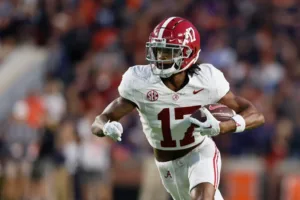 Alabama wide receiver Isaiah Bond (above) had the game-winning touchdown against Auburn a week ago. Bond and the Crimson Tide (11-1) face No. 1 Georgia (12-0) today in the Southeastern Conference Championship Game in Atlanta, a 3 p.m. kickoff on CBS. (Photo courtesy of DECATUR DAILY)