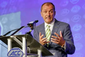 ACC Commissioner Jim Phillips (above) is about to have a tussle with Florida State over their desire to leave the conference. (Photo courtesy of REGISTERCITIZEN.COM)