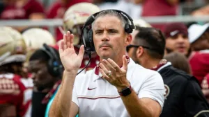 Florida State head coach Mike Norvell (above) should be angry at ACC Commissioner Jim Phillips, not with the College Football Playoff committee, writes TFB editor/publisher Mitch Lucas. (Photo courtesy of YouTube.com)