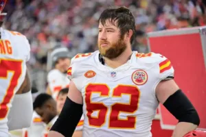 Kansas City Chiefs left guard Joe Thuney (62) won't be able to play in Super Bowl LVIII on Sunday due to a pectoral injury; Nick Allegretti will start instead. (Photo courtesy of SPORTSNAUT.COM)