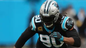 Julius Peppers, shown here with the Carolina Panthers, is one of seven inductees with into the Pro Football Hall of Fame this year, in August. The others: Randy Grandishar, Steve McMichael, Dwight Freeney, Andre Johnson, Devin Hester, and Patrick Willis. (Photo courtesy of NFL.COM)