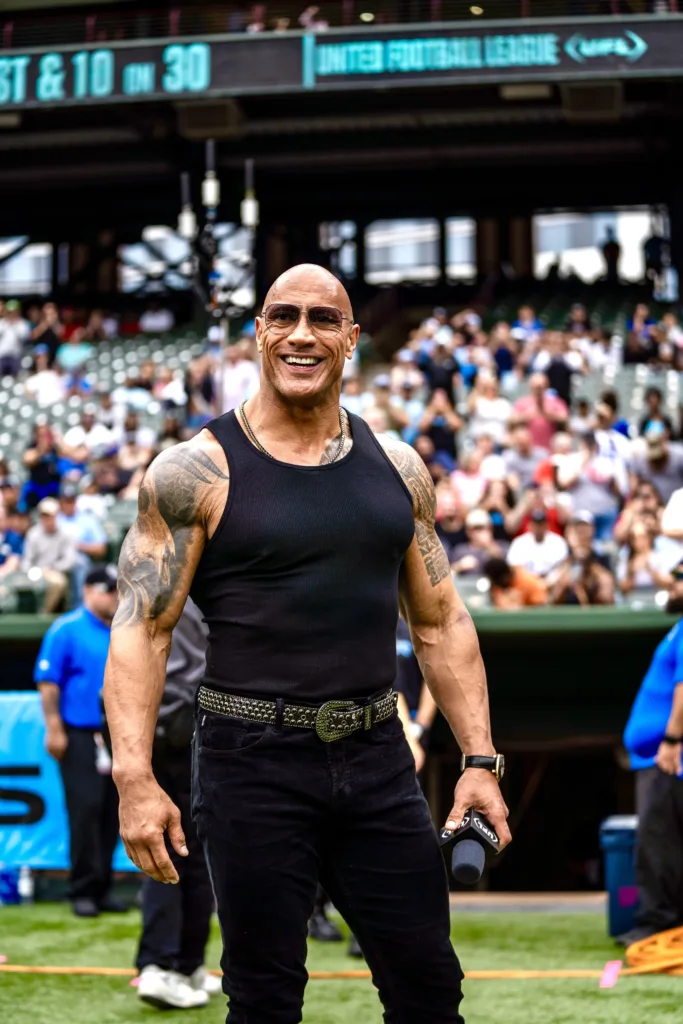 Dwayne "The Rock" Johnson played to the crowd at the UFL's very first game Saturday at Arlington's Choctaw Stadium between the Renegades and the Birmingham Stallions. Birmingham would go on to win the FOX-televised game, 27-14. (Photo by ALEX NABOR)