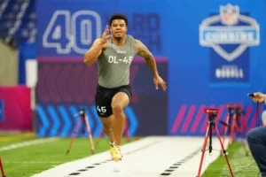 Penn State edge rusher Chop Robinson ran a 4.48-second 40-yard-dash Friday at the NFL Combine at Lucas Oil Stadium in Indianapolis on Thursday. Alabama's Dallas Turner was just a hair faster (4.47), but is seven pounds lighter. Quarterbacks, running backs and wide receivers are at the combine on Saturday. (Photo courtesy of NBCSPORTS.COM)