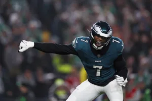 Haason Reddick will rush the passer for the New York Jets in 2024, after a trade between the Jets and the Philadelphia Eagles. (Photo by RYAN KANG, courtesy of GETTY IMAGES)