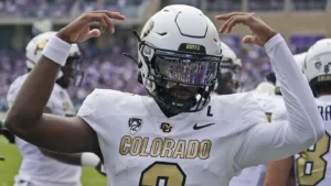 Colorado quarterback Shedeur Sanders, who suffered a back injury late in the 2023 season, has healed and is an active participant in the Buffaloes' spring practice. Their spring game is April 27. (Photo courtesy of THE ASSOCIATED PRESS)