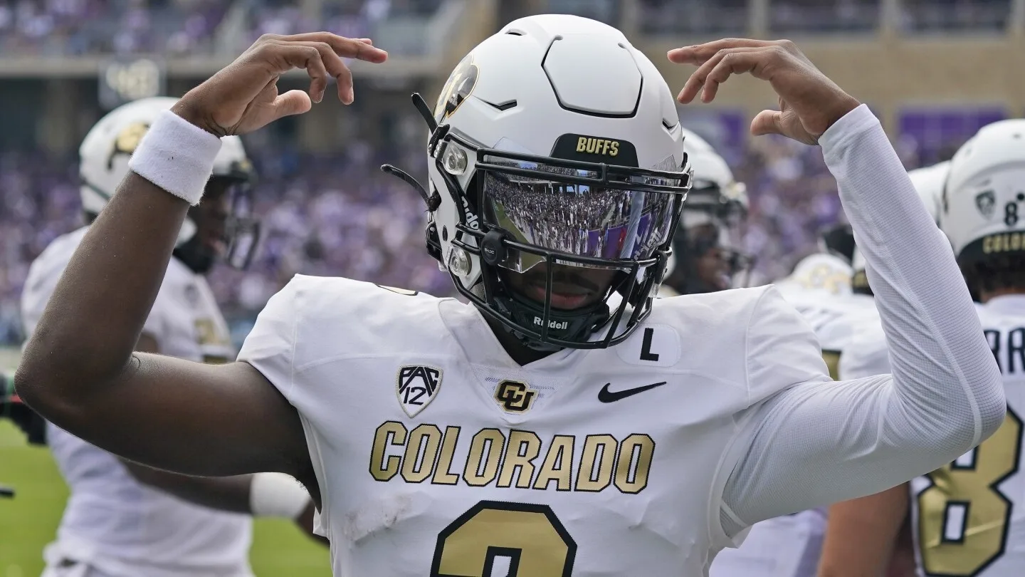 Colorado quarterback Shedeur Sanders, who suffered a back injury late in the 2023 season, has healed and is an active participant in the Buffaloes' spring practice. Their spring game is April 27. (Photo courtesy of THE ASSOCIATED PRESS)