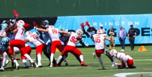 D.C.'s Matt McCrane kicked the game-winning field goal as time expired from 49 yards out to put the Defenders in front of Arlington, a 29-28 win. D.C. trailed Arlington, 28-18, with under two minutes left, and used the UFL's fourth-down alternate possession rule to help them come back and get the win. (Photo by DENNIS JACOBS - THEFOOTBALLBEAT.COM)