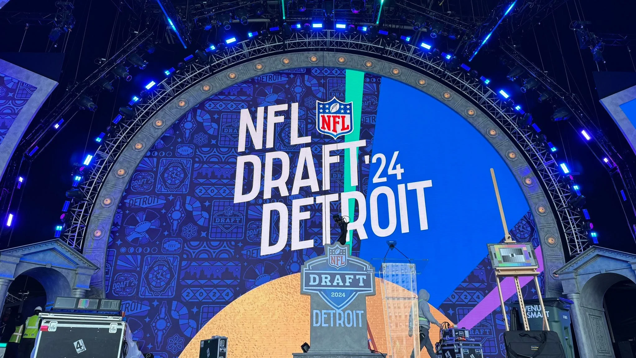 The set at Detroit, Michigan for the 2024 National Football League Draft, to be held over three days, beginning Thursday, and televised live on several different networks. The Football Beat will be on live, with real-time updates, beginning shortly before round one of the draft Thursday night. The draft officially begins at 8 p.m. ET, 7 p.m. Central. (Photo courtesy of MYLIFEINSIGHT.COM)