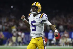 LSU quarterback and Heisman Trophy-winner Jayden Daniels (above) was one of 13 players confirmed by the NFL on Thursday that will be on hand for the first round of the NFL Draft in Detroit on April 25. (Photo courtesy of GETTY IMAGES)