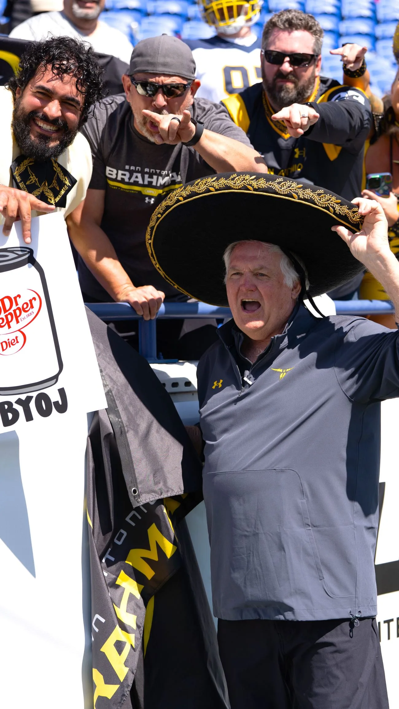 San Antonio coach Wade Phillips tries on a fan's sombrero after the Brahmas staged a big, and late, comeback Saturday to beat Memphis, 20-19, at Simmons Bank Stadium in Memphis. It was the Brahmas' first-ever United Football League (UFL) win. (Photo by JACOB LUCAS - THEFOOTBALLBEAT.COM)