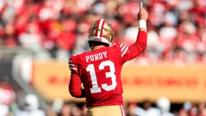 San Francisco quarterback Brock Purdy and the 49ers will host Aaron Rodgers and his return to the NFL after an Achilles injury, as the New York Jets visit the Niners on "Monday Night Football" this coming Monday, Sept. 9, the first week of the season. (Photo courtesy of THE SPORTING NEWS)